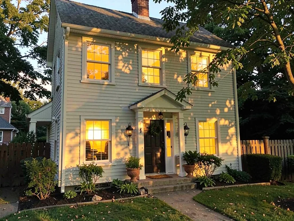 House with all windows lit warm