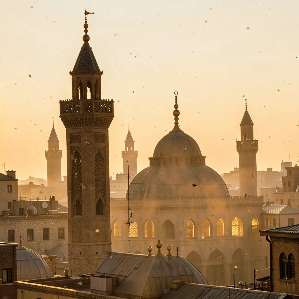 Islamic Cairo geometry, medieval city light, minaret silhouettes against golden 