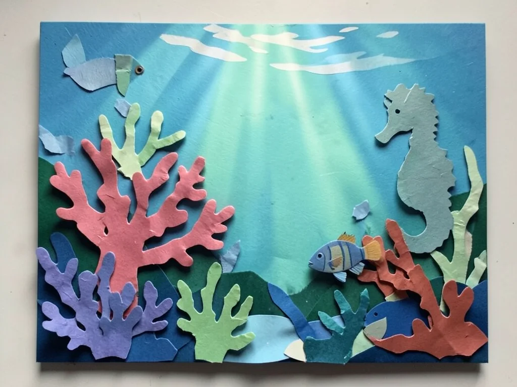 Underwater scene in paper layers — coral, fish, seahorse, light filtering throug