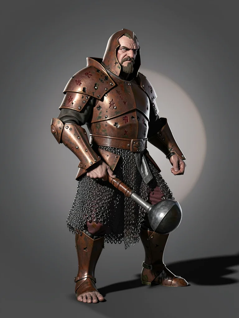 Ash-marked crusader in dented copper plate with chain skirt, flanged mace grippe