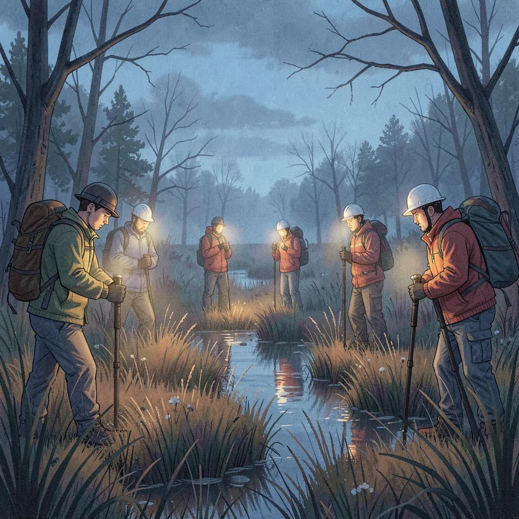 Atmospheric dusk photo of volunteers with headlamps surveying a bog, soft amber 