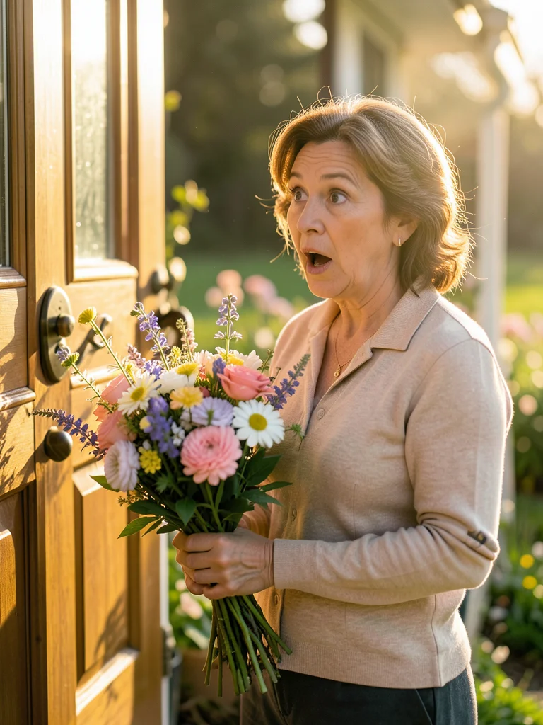 Mother receiving flower bouquet at front door, surprised expression, spring day