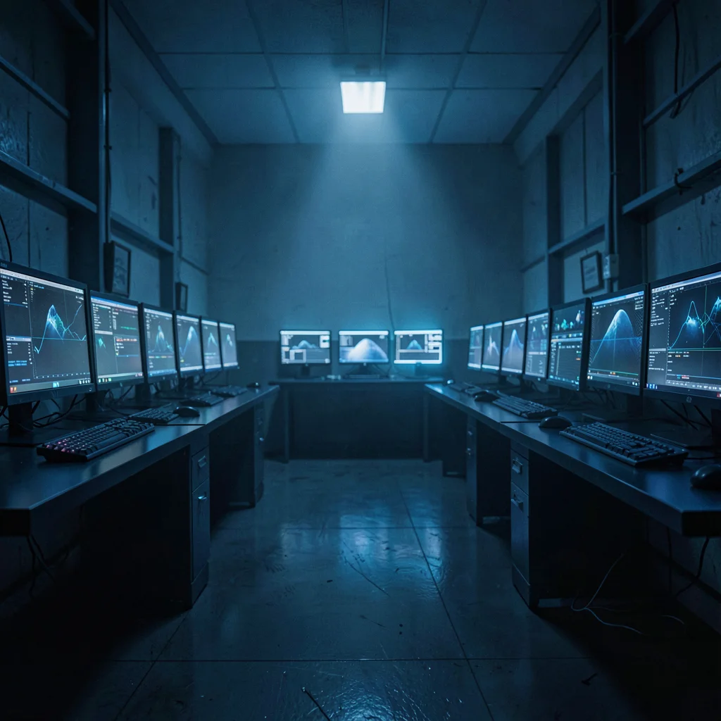 Nocturnal photograph of an empty SOC with rows of monitors casting cool blue glo
