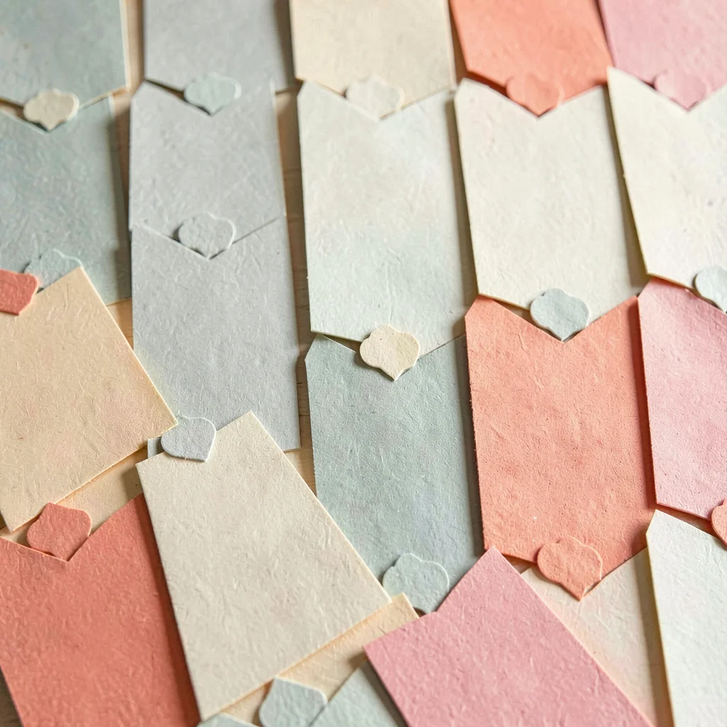 Papercraft pattern of repeating paper-cut cards in soft sage, coral and butter, 