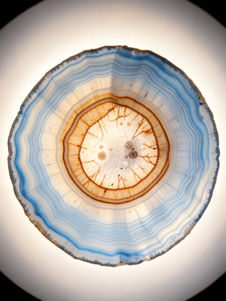 Blue lace agate slice, delicate powder blue and white wavy bands, backlit glow t