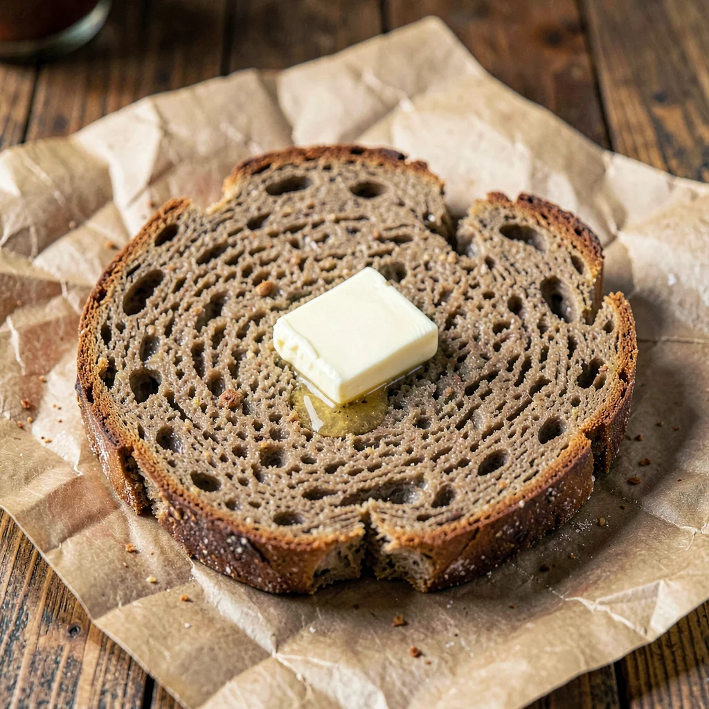 single dense slice of small-batch malt-loaf bread fanned across parchment with b