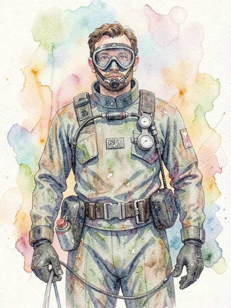A weathered diver standing portrait with weight belt cinched and signal-line in 