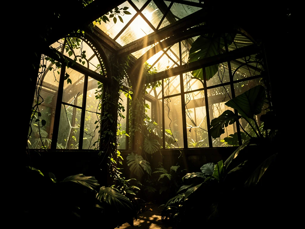 Greenhouse complex overtaken by tropical jungle, broken glass panels admitting g