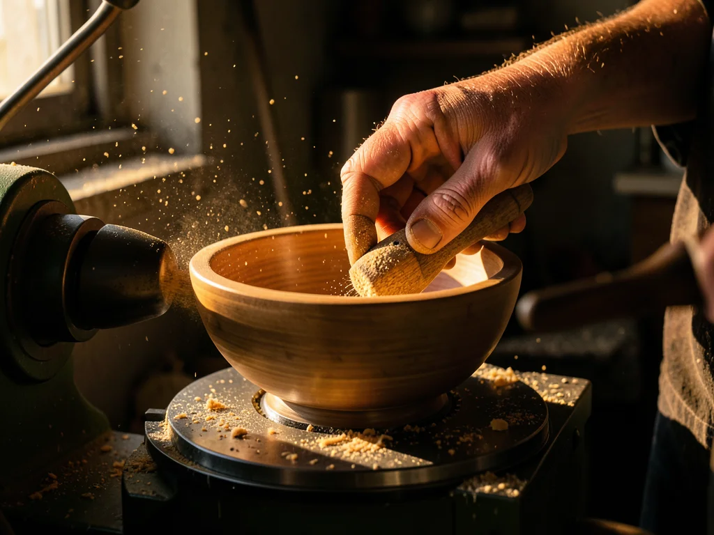 Fingers sanding a turned wooden bowl on a lathe, sawdust catching low light