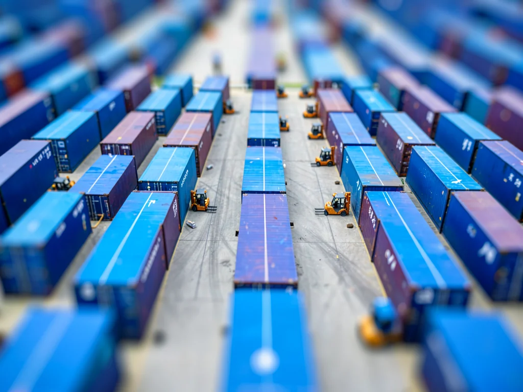 Port tilt-shift photograph from a tall warehouse roof, neat grid of saturated ul