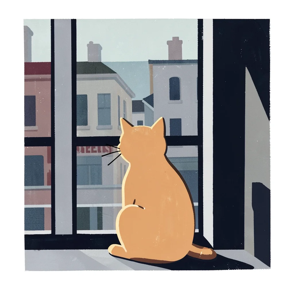 Cat sitting in a window, street visible through glass as flat rectangular planes