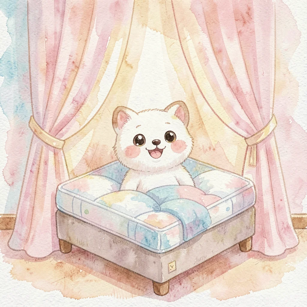 Painterly retargeting tile illustration of a small mattress mascot peeking from 