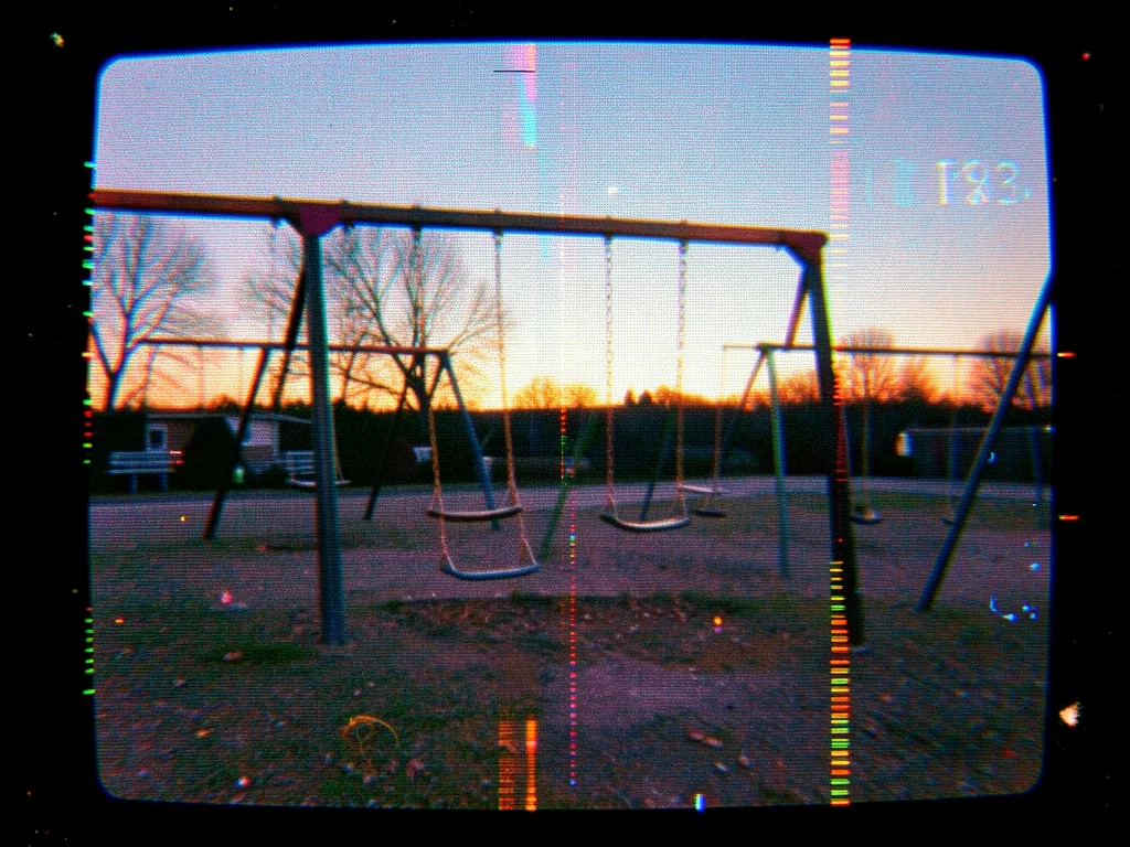A playground at dusk with swings still moving, image rolling vertically