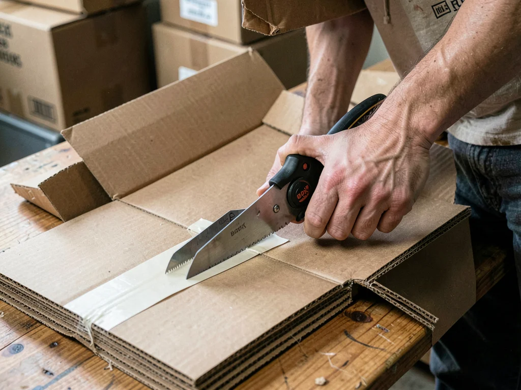 Box cutter slicing through tape, unboxing moment, cardboard surgery