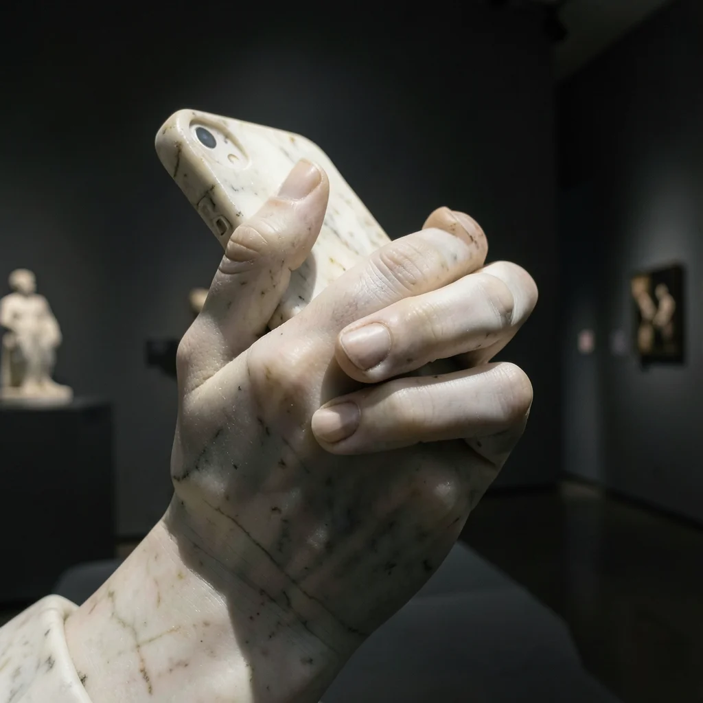 Detail of a marble hand holding a smartphone, the stone fingers gripping the thi
