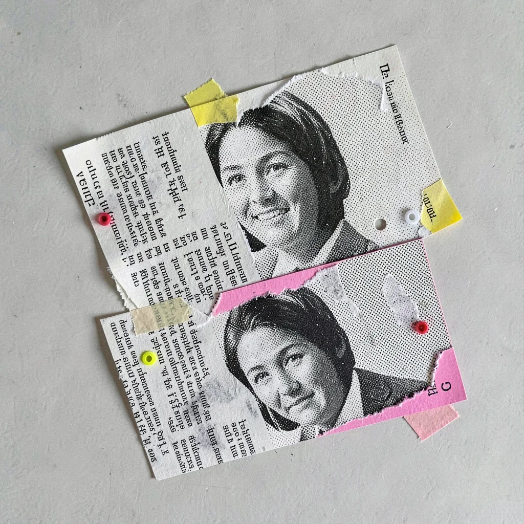 Cut-paper collage IG of three torn-letter postcards stacked at angles, halftone 
