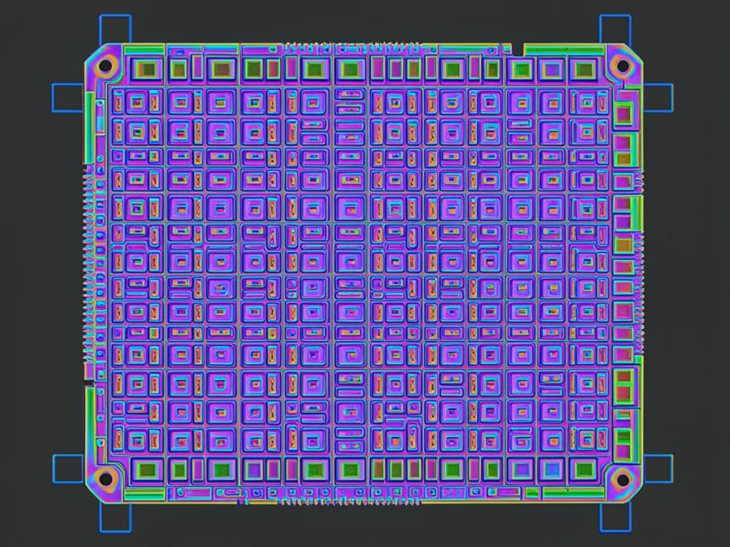 Silicon die macro, regular grid of transistor blocks in metallic purple-blue, mi