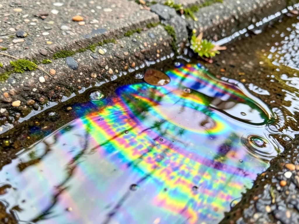 Motor oil drip rainbow on water surface in gutter, gasoline and water creating p