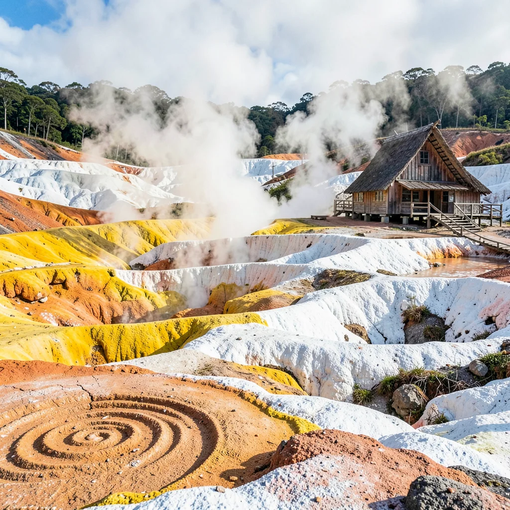 Rotorua geothermal landscape, active earth palette, Carved wooden meeting house 