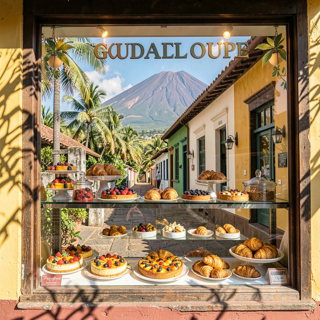 French Caribbean fusion in Guadeloupe, Patisserie window display, tropical fruit