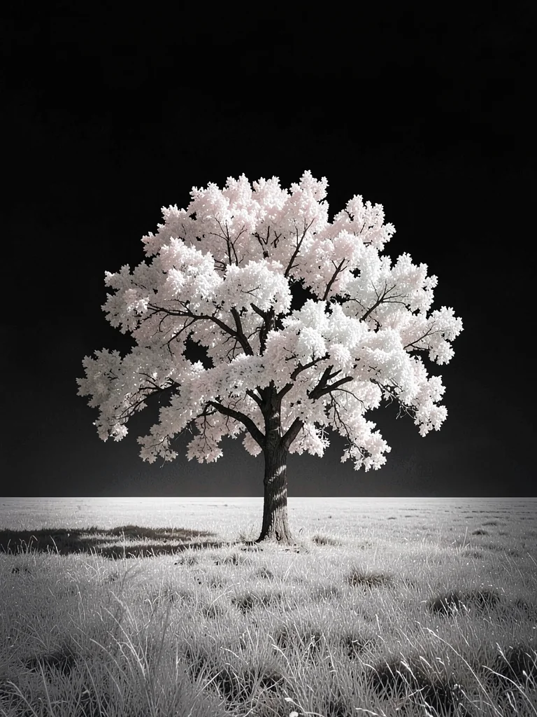 A lone oak tree at the center of an empty field, leaves incandescent, sky near-b