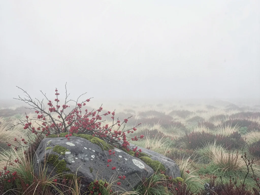 Bent rowan over a low boulder, berries muted to dusty red, the surrounding moor 