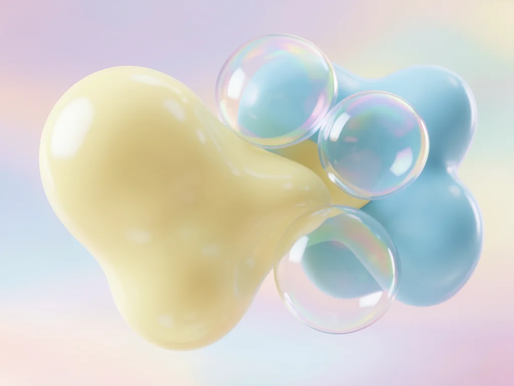Organic blob forms in butter yellow and sky blue, some transparent showing inter