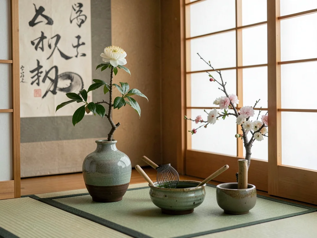 Tokonoma alcove with camellia and hanging scroll