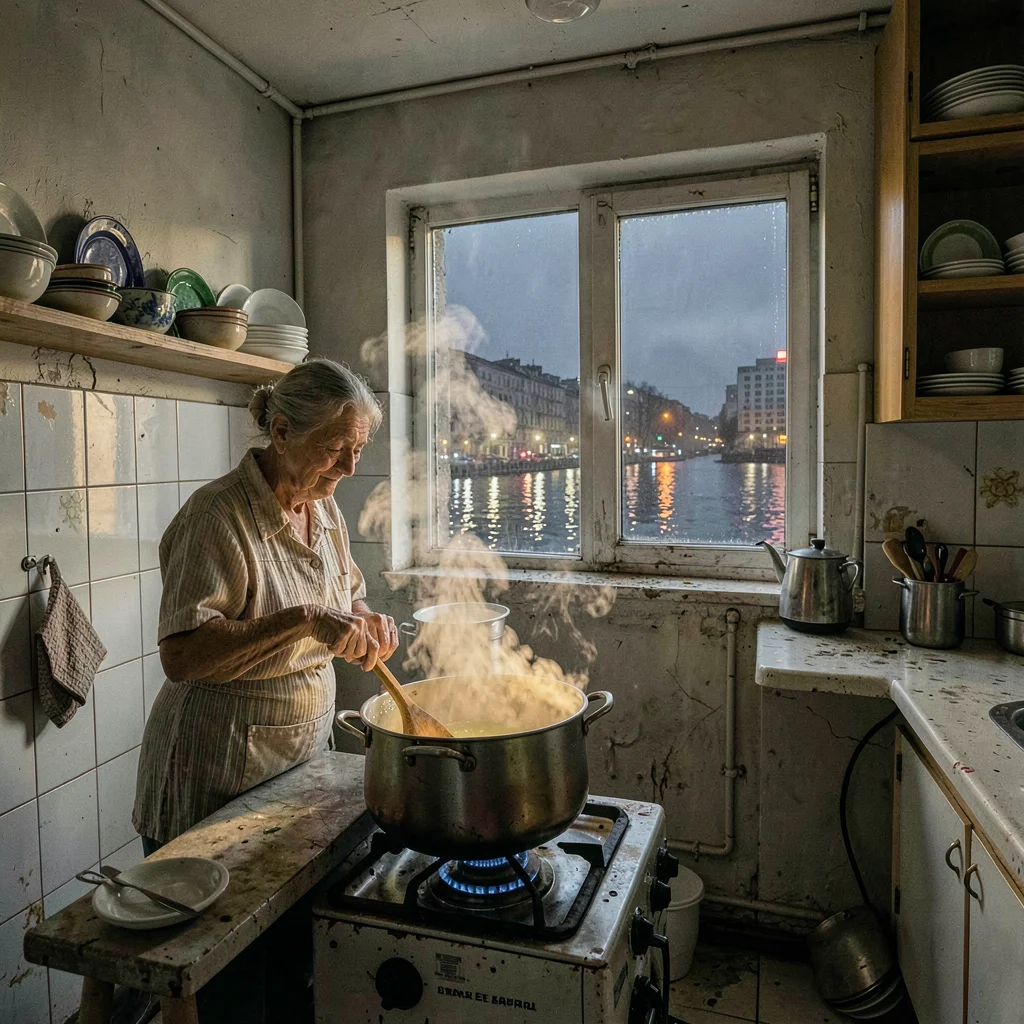 Belgrade brutalist night and Danube reflections, Grandmother in kitchen stirring