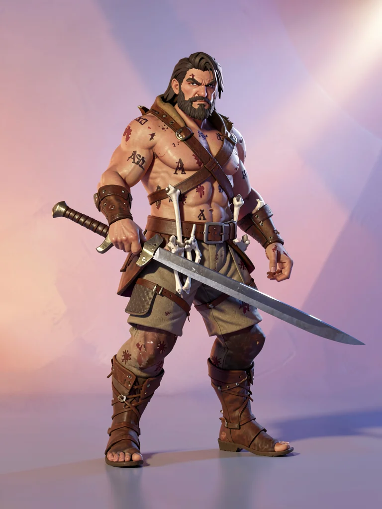 Ash-marked desert-raider in leather harness with bleached-bone trophies, scimita