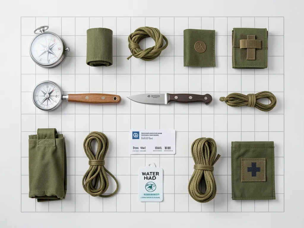 A survival kit: compass, fire steel, knife, cordage, water purification tabs, fi