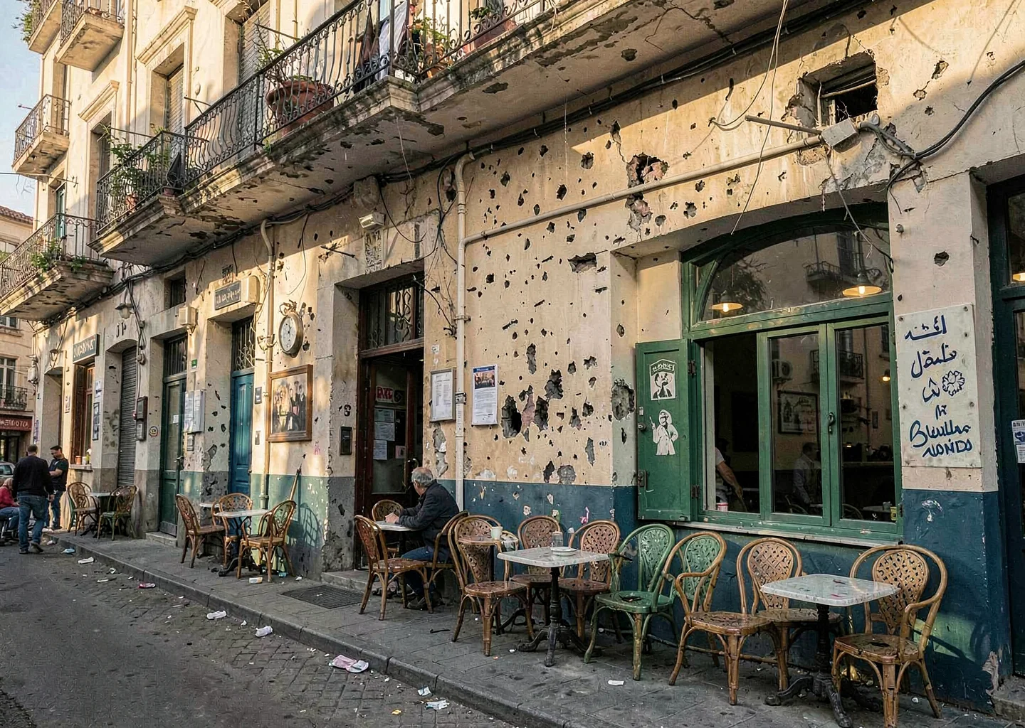 Mediterranean hard light on Beirut's wounded elegance, bullet-pocked facade next