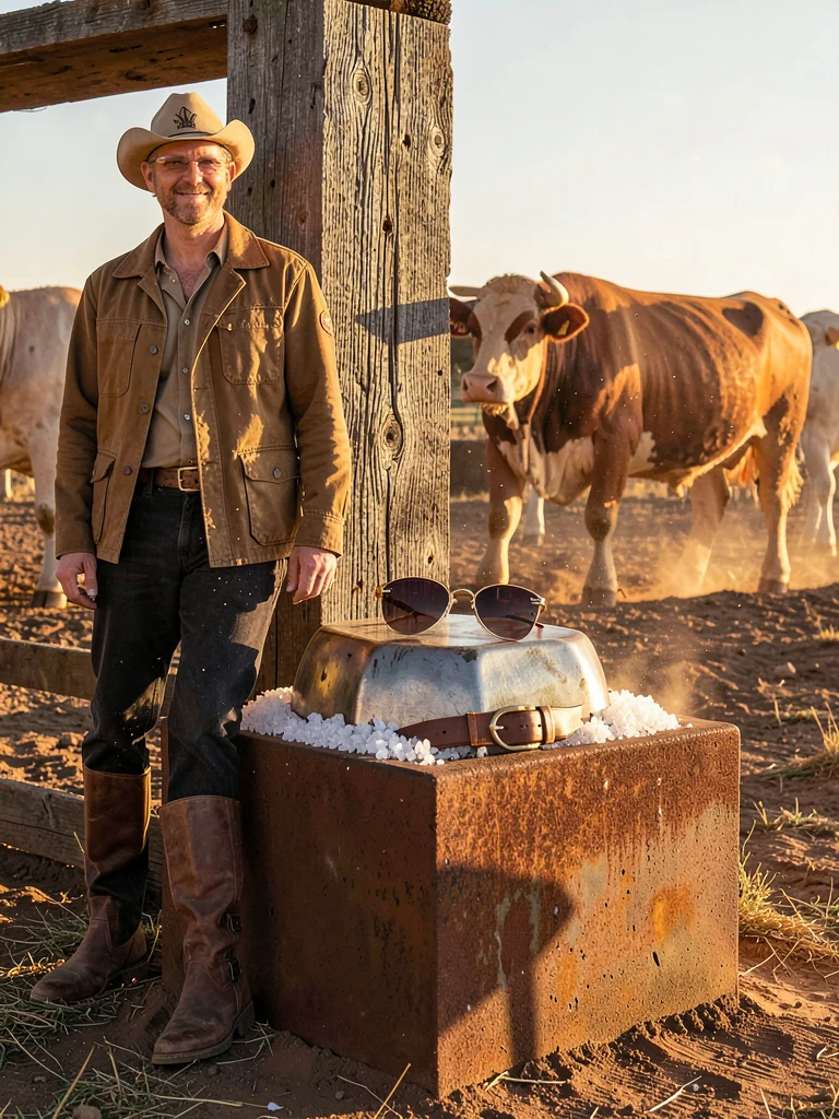 Versace sunglasses on salt lick block, cattle in background, fashion still life 