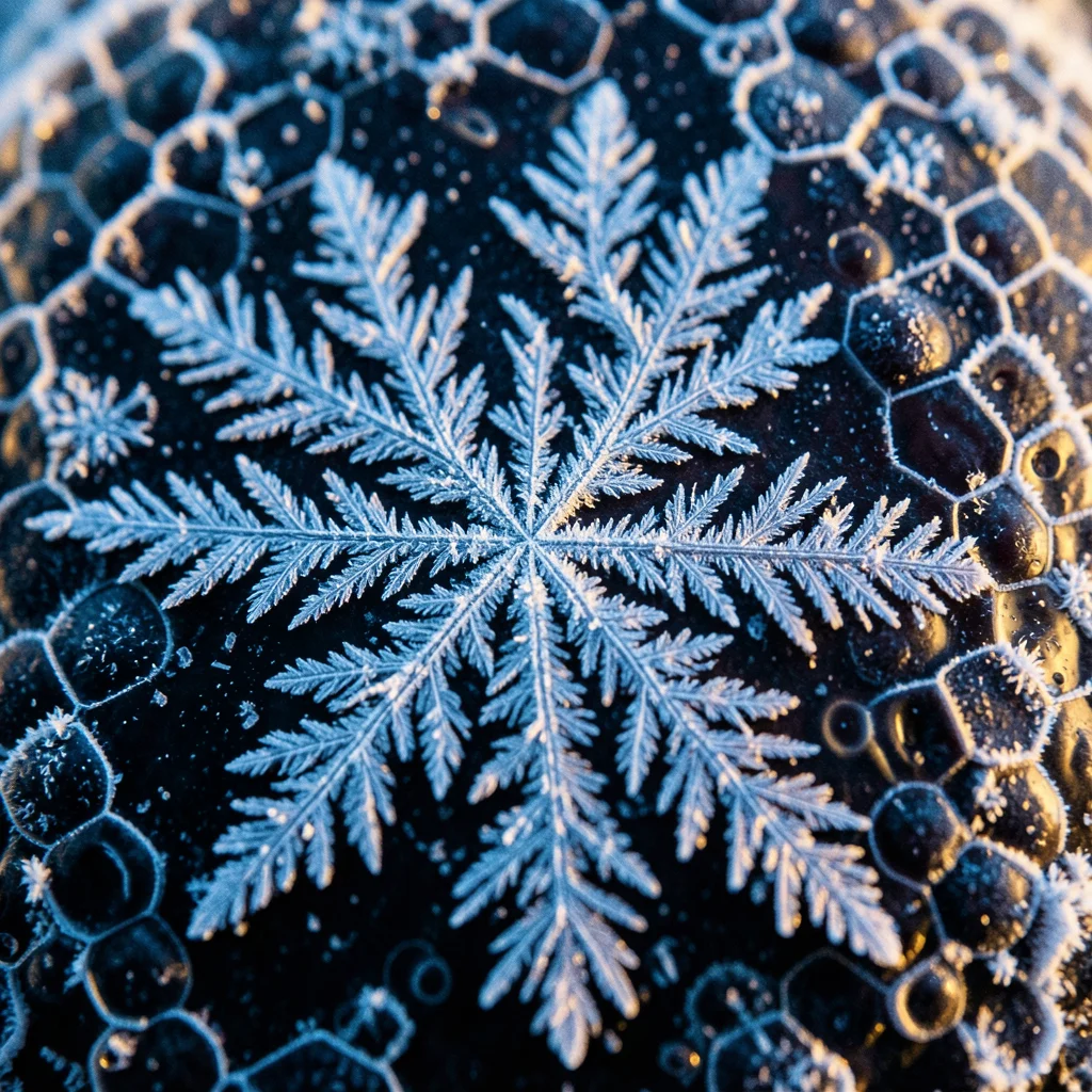 Frozen berry surface at extreme magnification, frost crystals forming on dimpled