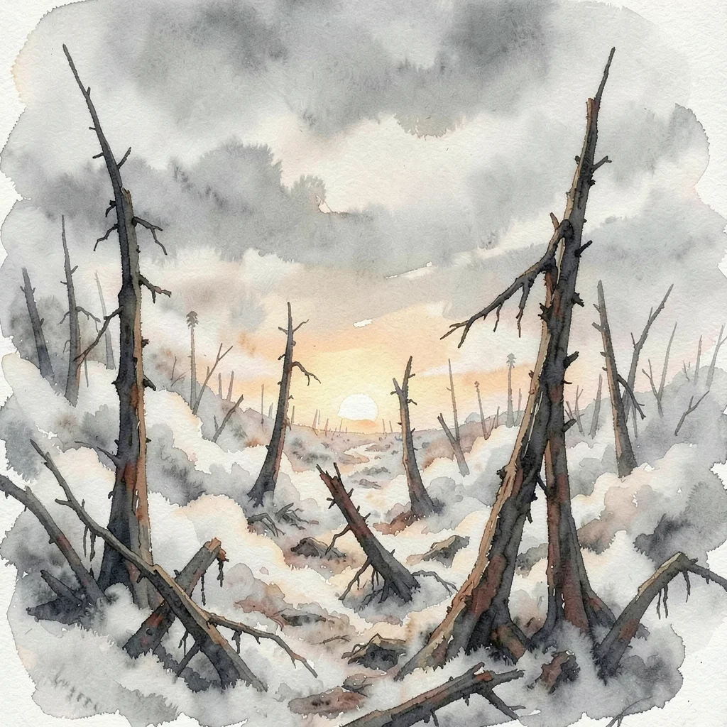 Surface ruin choked in pale ash drifts with scorched fungal stalks pushing throu