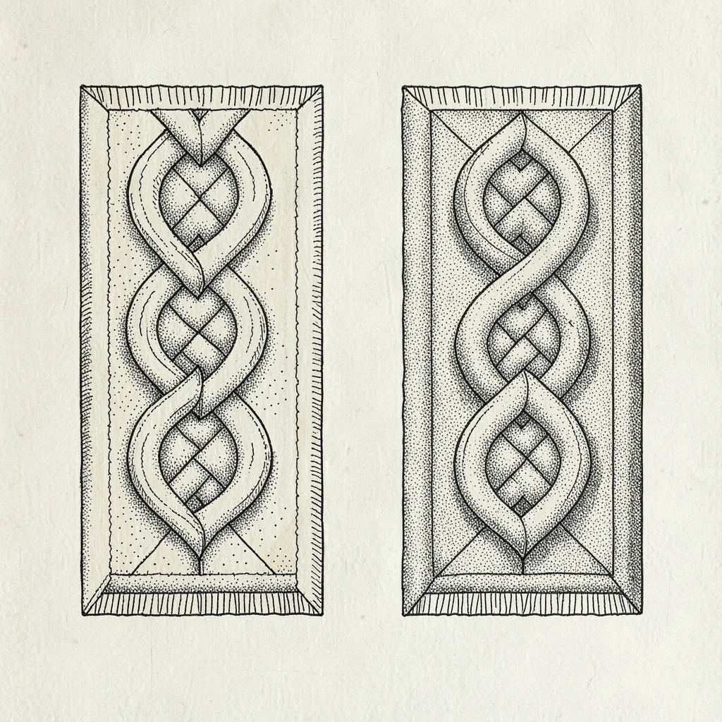 Joaquin-ramirez ink schematic of a symmetrical and asymmetrical rug knot side by