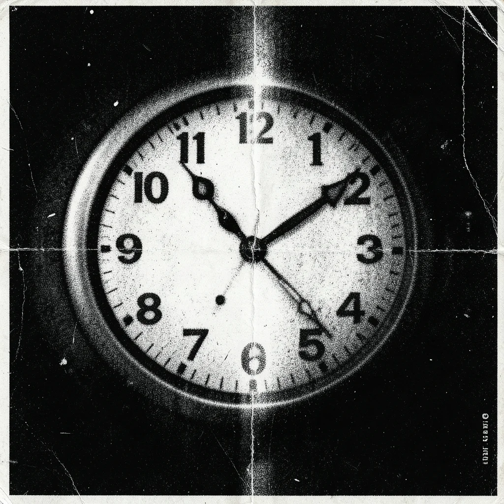 A clock face dissolving through xerox generations, numbers gone, hands barely vi