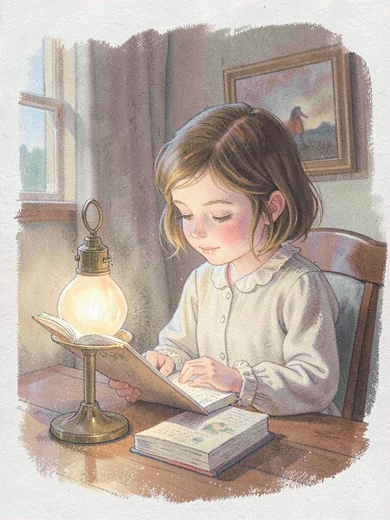 Young girl reading by lamplight
