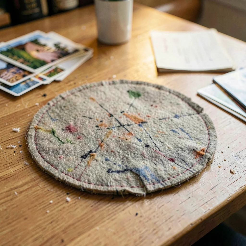 Worn study of a felt mat on the counter, scuffed in a circle from card-spreads