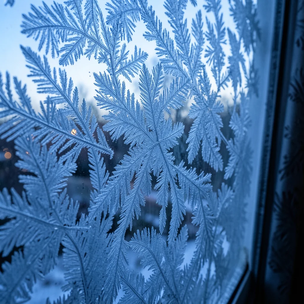 Frost patterns on window glass, extreme macro, backlit by cold blue morning ligh
