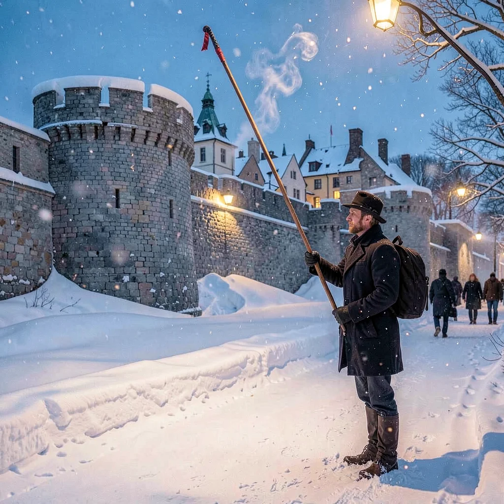 Quebec winter heritage, walled city under snow, Street lamplighter using a long 