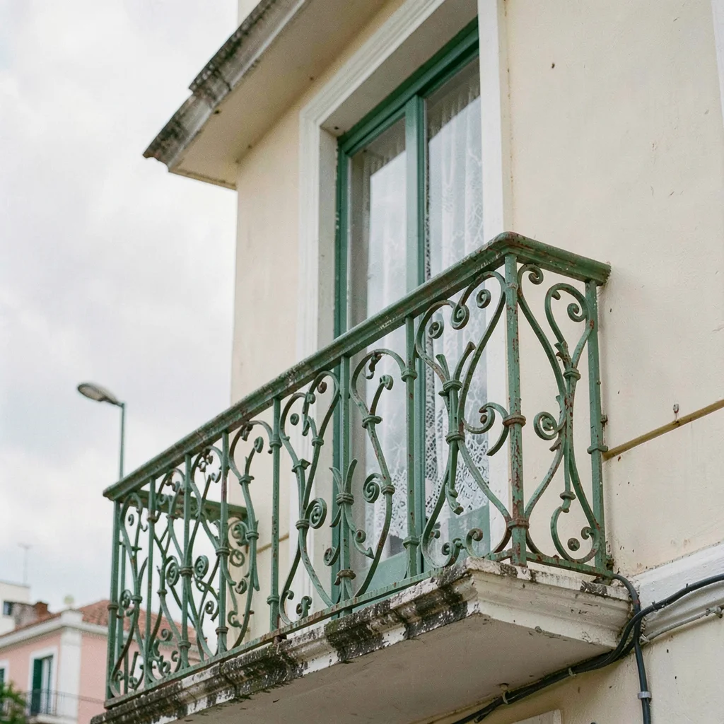 Quietly elegant photograph with Uruguayan sensibility, Wrought iron balcony deta