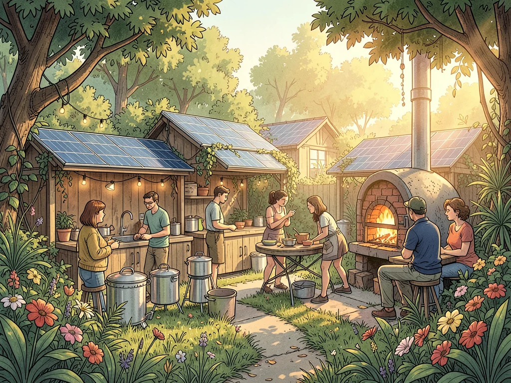Outdoor communal kitchen with solar cookers and a wood-fired oven, people gather