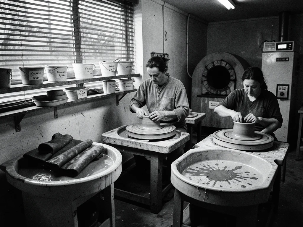 A pottery studio shared by three potters, each wheel station personalized — one 