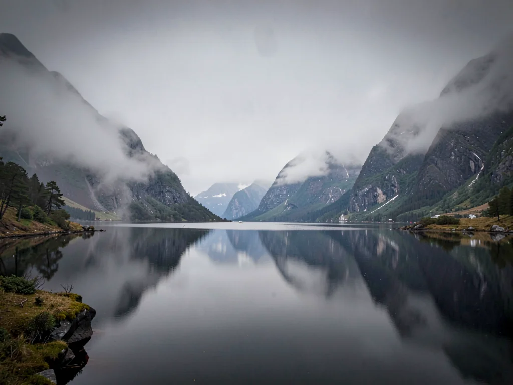 Fjord water as black mirror beneath gray