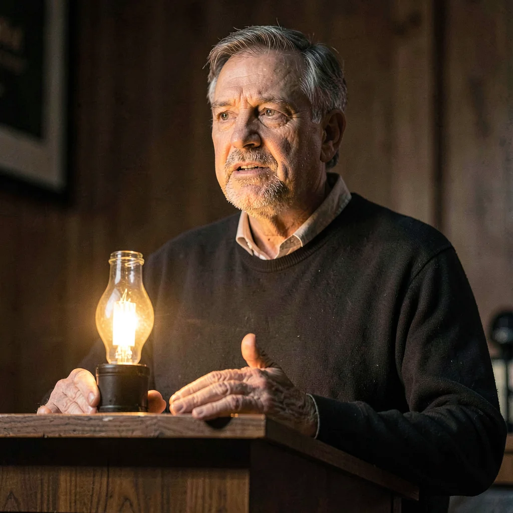 Lamp-lit portrait of a guest lecturer at a podium with a single bottle, warm bul