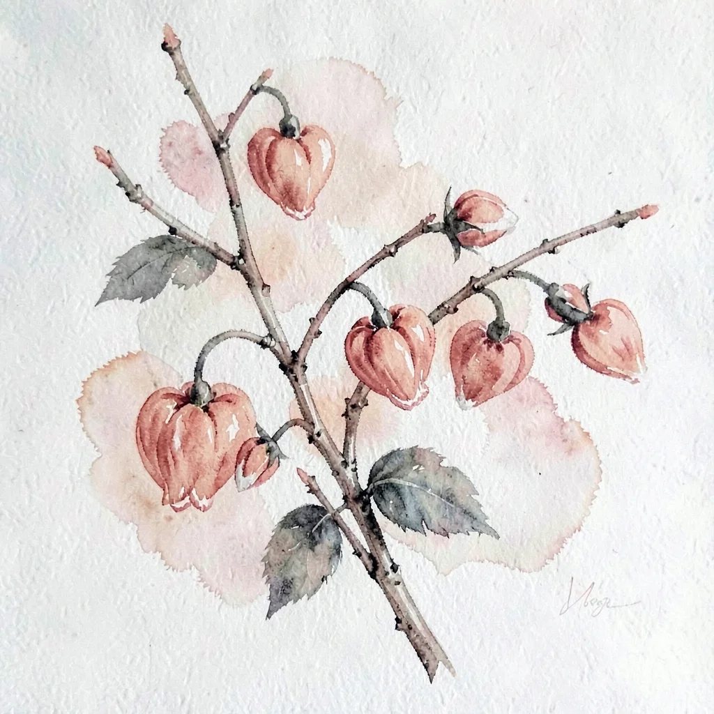 Gouache study of bleeding heart sprays, soft coral pigment