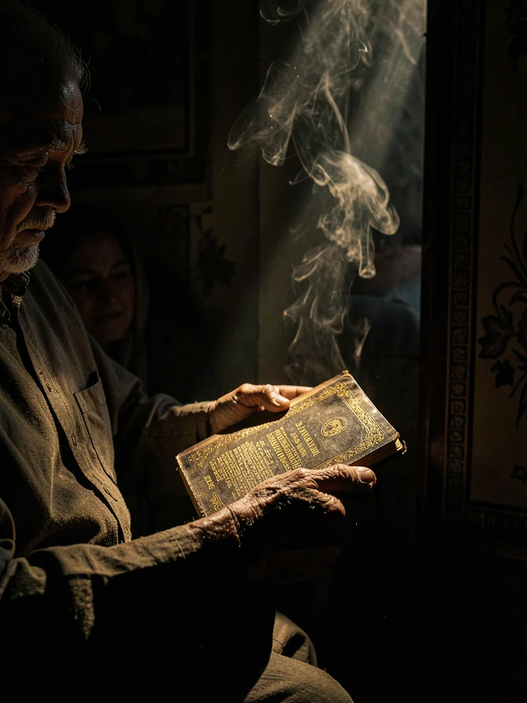 Dramatic light through darkness in Addis Ababa, Ethiopia, Elder's weathered hand