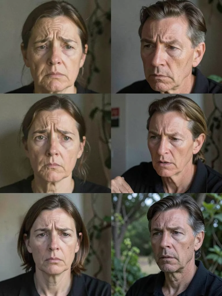 Face transitioning from grief to acceptance in multiple exposure, all stages of 