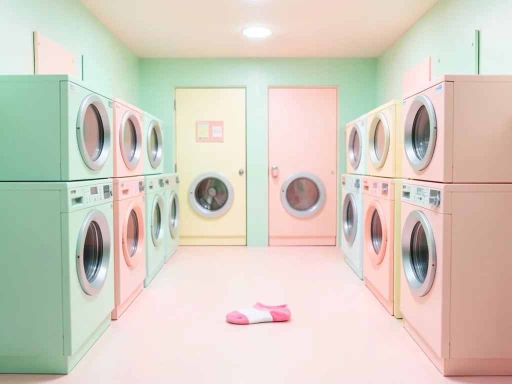 Perfectly symmetrical laundromat in mint green and pale pink, all machines ident